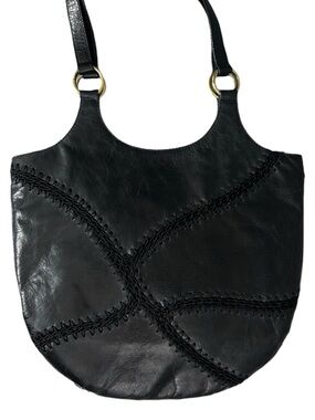 NWT G.Viaen Black Leather/Faux Leather Shoulder Bag with Decorative Stitching